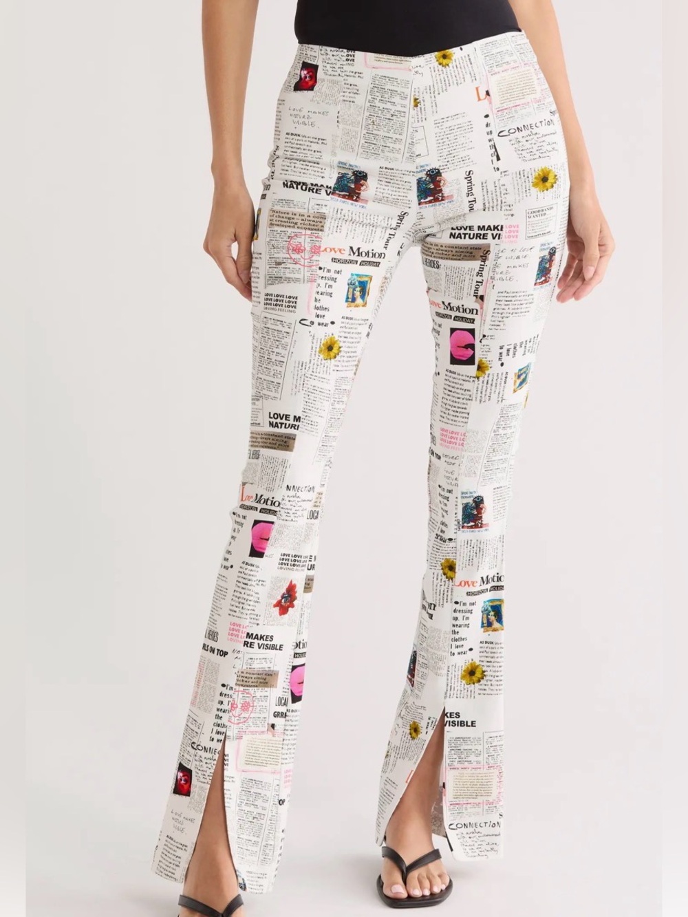 Desigual White Newspaper Print Flare Pants with Floral Accents